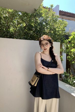 Slightly Chubby Sweetheart Bomber Denim Cami Top - Loose Sleeveless Plus Size Outerwear for Casual Y2K Style