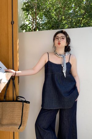 Slightly Chubby Sweetheart Bomber Denim Cami Top - Loose Sleeveless Plus Size Outerwear for Casual Y2K Style