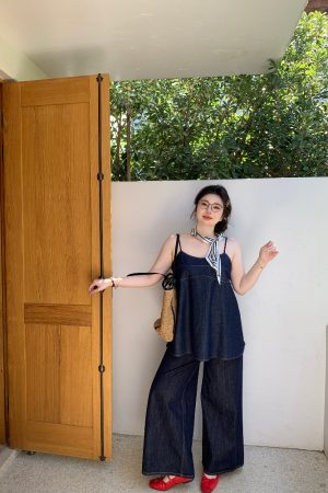 Slightly Chubby Sweetheart Bomber Denim Cami Top - Loose Sleeveless Plus Size Outerwear for Casual Y2K Style