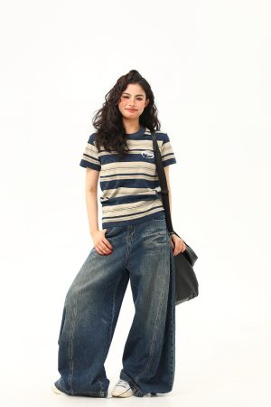 Slightly Loose Striped Short Sleeve T-Shirt for Women - Vintage American Style, Summer Versatile Top, Casual 90s Fashion