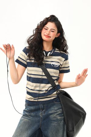 Slightly Loose Striped Short Sleeve T-Shirt for Women - Vintage American Style, Summer Versatile Top, Casual 90s Fashion