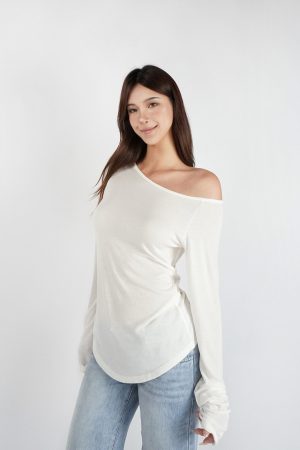 Slightly Sheer Off-Shoulder Long Sleeve Top - Relaxed Fit, Casual Chic Style, Perfect for Y2K and Korean Fashion Trends