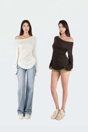 Slightly Sheer Off-Shoulder Long Sleeve Top - Relaxed Fit, Casual Chic Style, Perfect for Y2K and Korean Fashion Trends