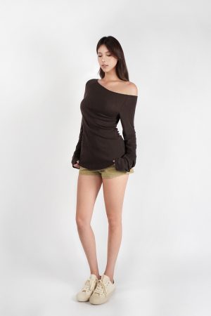 Slightly Sheer Off-Shoulder Long Sleeve Top - Relaxed Fit, Casual Chic Style, Perfect for Y2K and Korean Fashion Trends