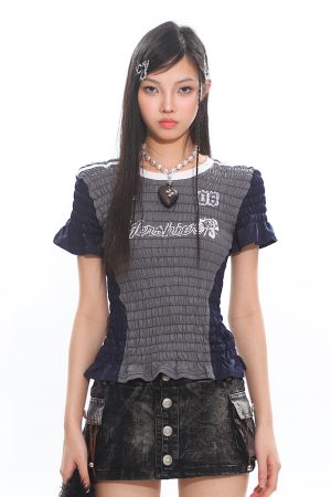 Slim Fit American Vintage Sports Jersey T-Shirt with High Elastic Wrinkled Texture - Digital Short Sleeve Top for Casual Style