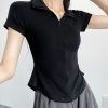 Slim-Fit Bee Waist T-Shirt with Collar and Zipper, Stretchy Solid Color Polo for Casual Versatility, Flattering Belly-Hiding Design