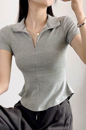 Slim-Fit Bee Waist T-Shirt with Collar and Zipper, Stretchy Solid Color Polo for Casual Versatility, Flattering Belly-Hiding Design