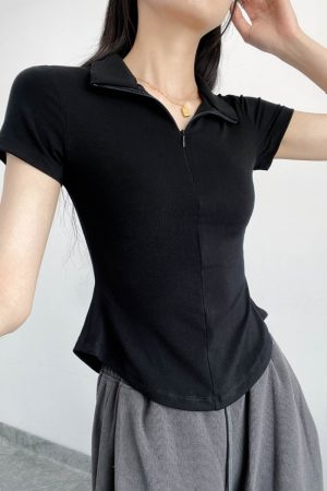 Slim-Fit Bee Waist T-Shirt with Collar and Zipper, Stretchy Solid Color Polo for Casual Versatility, Flattering Belly-Hiding Design