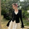 Slim-Fit Black and White V-Neck Faux Two-Piece Cardigan with Flared Long Sleeves T-Shirt Top for Spring and Autumn