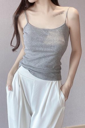 Slim-Fit Cotton Ribbed Camisole Tank Top, Thin Strap Sleeveless Summer Essential, Stretchy Layering Piece