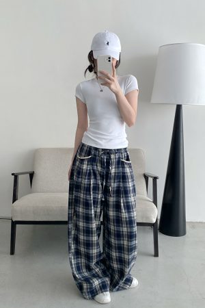 Slim-Fit Gray-Blue Checkered Casual Pants with Spliced Waistband and Drawstring - Versatile Wide-Leg Loose Straight Long Trousers