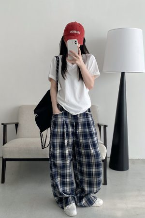 Slim-Fit Gray-Blue Checkered Casual Pants with Spliced Waistband and Drawstring - Versatile Wide-Leg Loose Straight Long Trousers