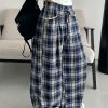 Slim-Fit Gray-Blue Checkered Casual Pants with Spliced Waistband and Drawstring - Versatile Wide-Leg Loose Straight Long Trousers
