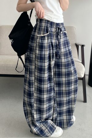 Slim-Fit Gray-Blue Checkered Casual Pants with Spliced Waistband and Drawstring - Versatile Wide-Leg Loose Straight Long Trousers