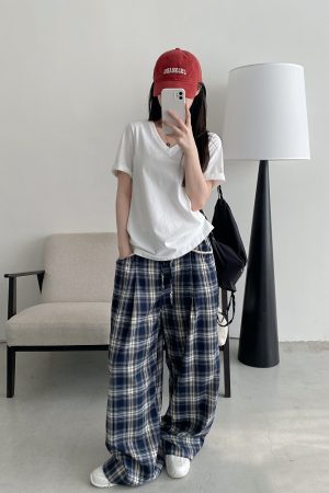 Slim-Fit Gray-Blue Checkered Casual Pants with Spliced Waistband and Drawstring - Versatile Wide-Leg Loose Straight Long Trousers