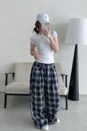 Slim-Fit Gray-Blue Checkered Casual Pants with Spliced Waistband and Drawstring - Versatile Wide-Leg Loose Straight Long Trousers