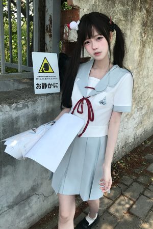 Slim-Fit High-Waisted Navy Collar Sailor Suit Set - Original JK Uniform College Style with Pudding Bear Design for Summer