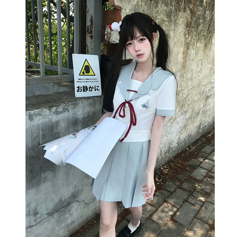 Slim-Fit High-Waisted Navy Collar Sailor Suit Set - Original JK Uniform College Style with Pudding Bear Design for Summer Slim-Fit High-Waisted Navy Collar Sailor Suit Set - Original JK Uniform College Style with Pudding Bear Design for Summer