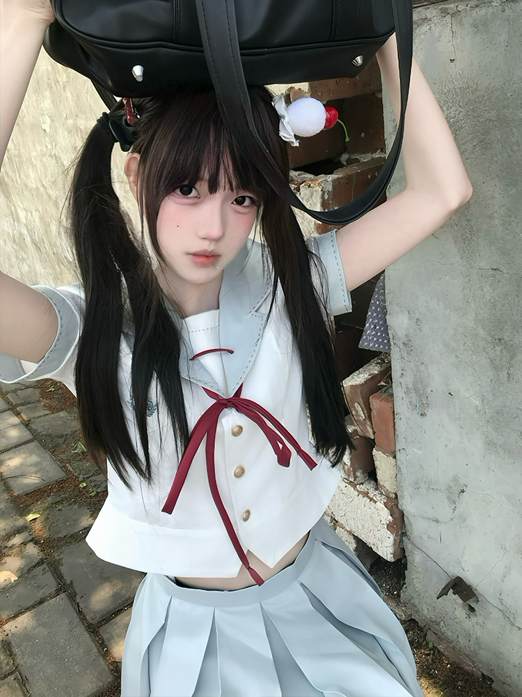 Slim-Fit High-Waisted Navy Collar Sailor Suit Set - Original JK Uniform College Style with Pudding Bear Design for Summer Slim-Fit High-Waisted Navy Collar Sailor Suit Set - Original JK Uniform College Style with Pudding Bear Design for Summer