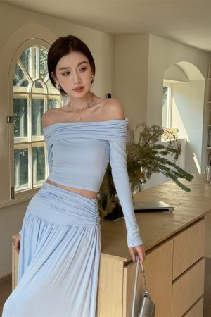 Slim-Fit One-Shoulder Skin-Baring Top and Pleated Long Skirt Set - Light Fabric Spring Korean Style Outfit