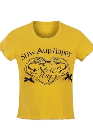 Slim Fit Short Sleeve T-Shirt with Letter Print and Bow Detail - Limited Time Discount Fashion Top for Stylish Outfits
