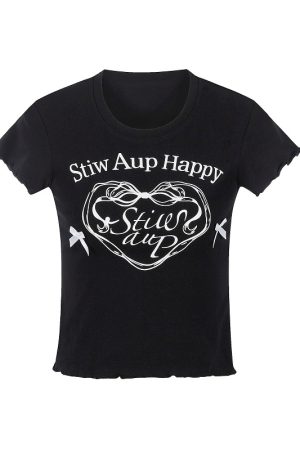 Slim Fit Short Sleeve T-Shirt with Letter Print and Bow Detail - Limited Time Discount Fashion Top for Stylish Outfits