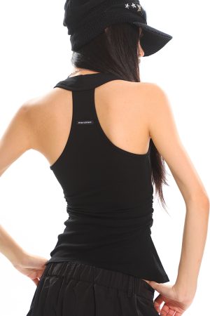 Slim Fit Sports Leisure Tank Top - Waist-Defining, Pleated Basic Style with Letter Logo - Trendy Activewear for Everyday Wear