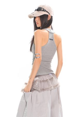 Slim Fit Sports Leisure Tank Top - Waist-Defining, Pleated Basic Style with Letter Logo - Trendy Activewear for Everyday Wear