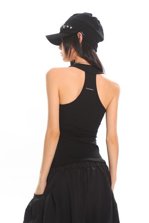 Slim Fit Sports Leisure Tank Top - Waist-Defining, Pleated Basic Style with Letter Logo - Trendy Activewear for Everyday Wear