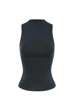 Slim-Fit Stretchy Sleeveless Vest with Half-High Collar - Basic Essential for 90s Y2K Style Fashion