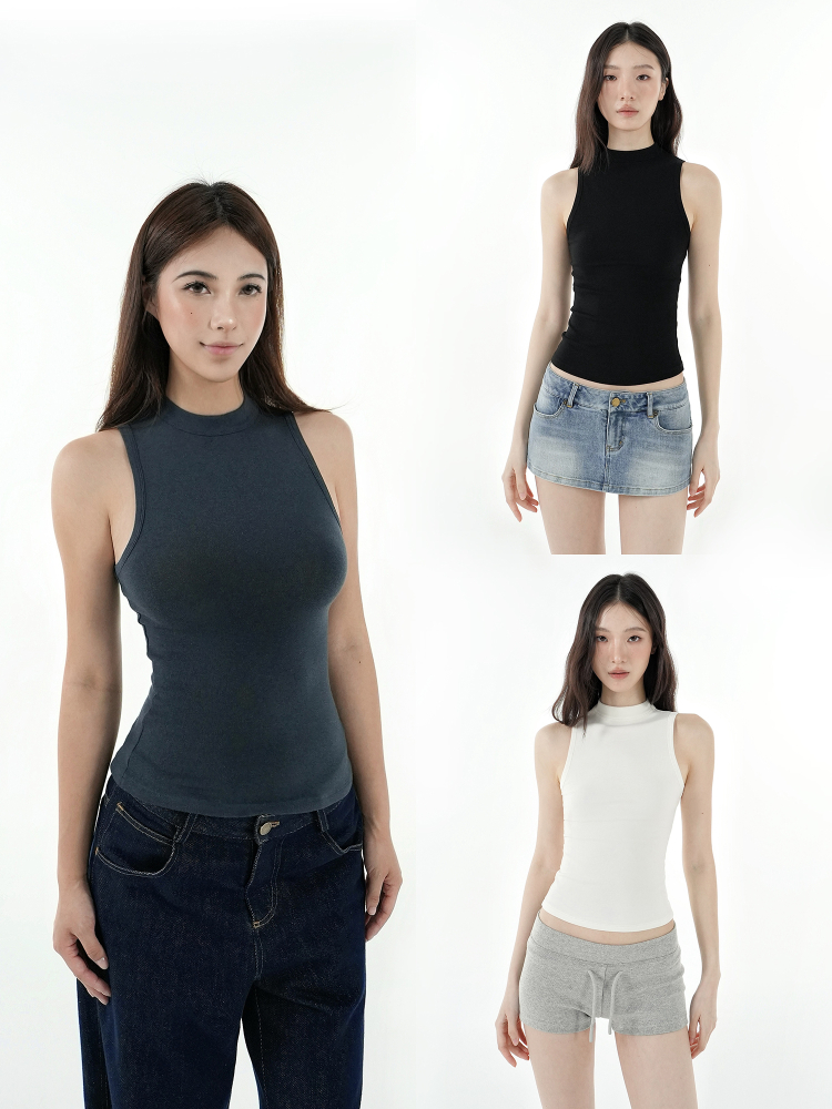 Slim-Fit Stretchy Sleeveless Vest with Half-High Collar - Basic Essential for 90s Y2K Style Fashion Slim-Fit Stretchy Sleeveless Vest with Half-High Collar - Basic Essential for 90s Y2K Style Fashion