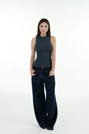 Slim-Fit Stretchy Sleeveless Vest with Half-High Collar - Basic Essential for 90s Y2K Style Fashion