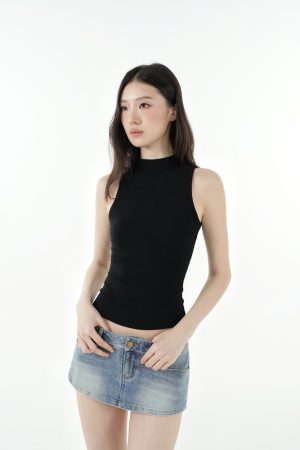 Slim-Fit Stretchy Sleeveless Vest with Half-High Collar - Basic Essential for 90s Y2K Style Fashion