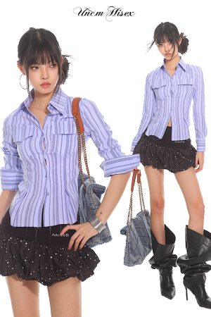 Slim Fit Striped Waist-Defined Shirt for Women - 2025 Summer Elegant Style, High-End Fashion, Clean and Neat Design