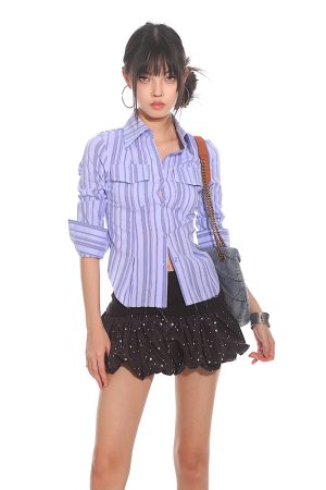 Slim Fit Striped Waist-Defined Shirt for Women - 2025 Summer Elegant Style, High-End Fashion, Clean and Neat Design