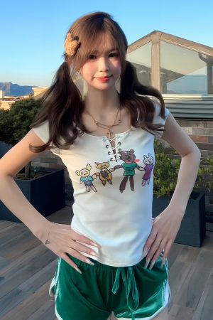 Slim Fit Tie Design American-Style Cartoon Printed Short Sleeve T-Shirt for Women - Summer Fashion Essential