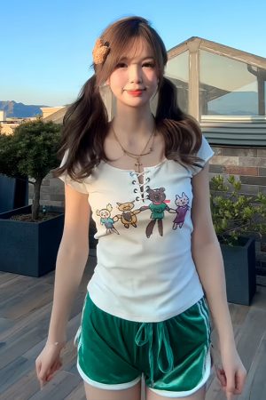 Slim Fit Tie Design American-Style Cartoon Printed Short Sleeve T-Shirt for Women - Summer Fashion Essential