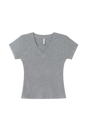 Slim Fit V-Neck Raglan T-Shirt for Women - Summer 2025, Chicken Heart Collar, Casual Style, Trendy Short Sleeve Top