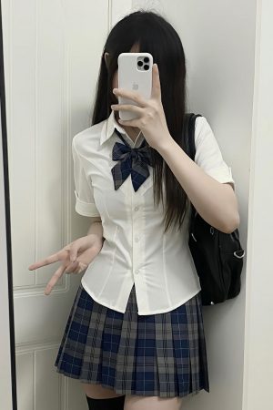 Slim Fit V-Neck White Shirt with Camellia Print, Long & Short Sleeves, College Style, Spring Summer Trend for Girls