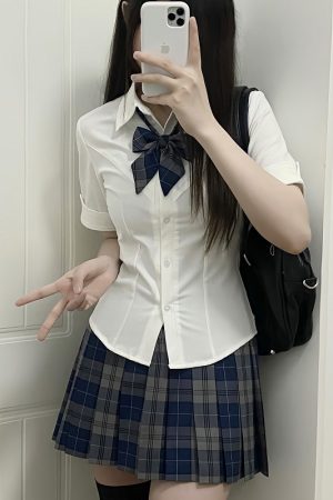 Slim Fit V-Neck White Shirt with Camellia Print, Long & Short Sleeves, College Style, Spring Summer Trend for Girls