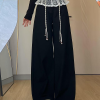 Slimming Black Lace Trim Wide-Leg Pants for Women - Loose-Fitting Straight-Leg Casual Trousers for Work and Everyday Wear