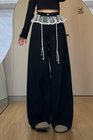 Slimming Black Lace Trim Wide-Leg Pants for Women - Loose-Fitting Straight-Leg Casual Trousers for Work and Everyday Wear