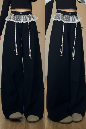 Slimming Black Lace Trim Wide-Leg Pants for Women - Loose-Fitting Straight-Leg Casual Trousers for Work and Everyday Wear