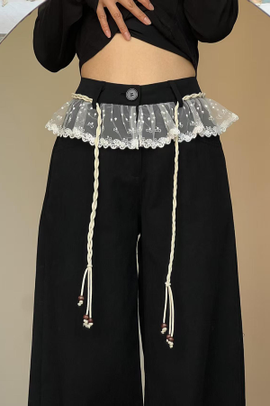 Slimming Black Lace Trim Wide-Leg Pants for Women - Loose-Fitting Straight-Leg Casual Trousers for Work and Everyday Wear