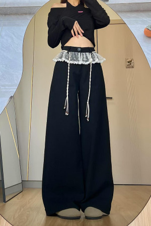 Slimming Black Lace Trim Wide-Leg Pants for Women - Loose-Fitting Straight-Leg Casual Trousers for Work and Everyday Wear