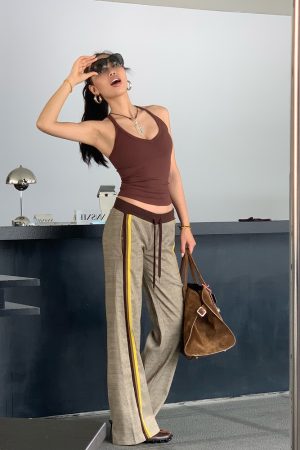 Slimming Low-Waisted Hip-Hugging Dress Pants in Khaki Brown Plaid with Orange Highlights - Chic Y2K Style Fashion