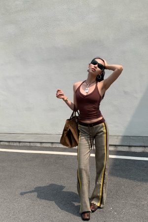 Slimming Low-Waisted Hip-Hugging Dress Pants in Khaki Brown Plaid with Orange Highlights - Chic Y2K Style Fashion