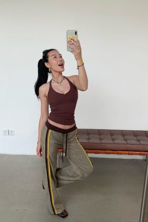 Slimming Low-Waisted Hip-Hugging Dress Pants in Khaki Brown Plaid with Orange Highlights - Chic Y2K Style Fashion