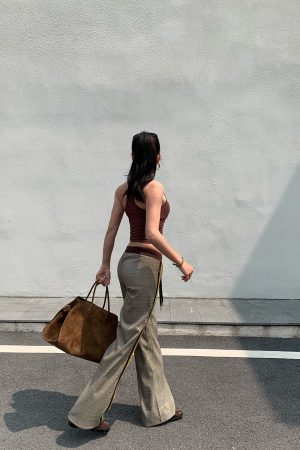 Slimming Low-Waisted Hip-Hugging Dress Pants in Khaki Brown Plaid with Orange Highlights - Chic Y2K Style Fashion