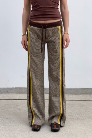 Slimming Low-Waisted Hip-Hugging Dress Pants in Khaki Brown Plaid with Orange Highlights - Chic Y2K Style Fashion